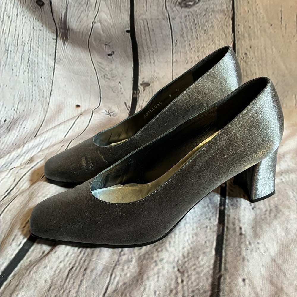 Metallic Silver Pewter Shimmer Disco Block Heel Career Chic‎ Square Toe Pumps 9